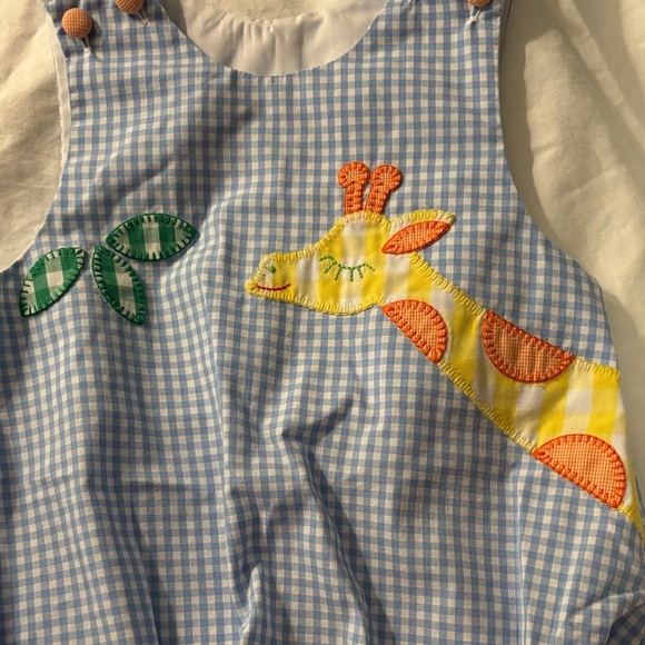 Shrimp & Grits Kids Blue Gingham Kids One Piece with Giraffe Design - Picture 2 of 5